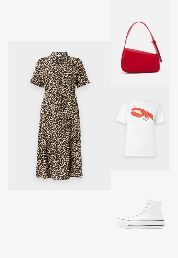 Beige und schwarzes, kurzärmeliges Leopardenmuster-Kleid mit kragenähnlichem Ausschnitt, Knopfleiste und verstellbarem Taillenzug, das bis zur Mitte der Wade reicht.; Weißes Baumwoll-T-Shirt mit einem großen, leuchtend roten Hummer-Design auf der Vorderseite. Mit kurzen Ärmeln und klassischem Rundhalsausschnitt.; Weiße hochwertige Leinensneaker mit schwarzer Gummisohle, vorderem Gummizehenschutz und sechs Ösen für Schnürsenkel, die ein sauberes, minimalistisches Design aufweisen.; Rote Lederhandtasche mit einem kantigen, geometrischen Design. Verfügt über einen verstellbaren Schulterriemen und einen Klappenverschluss mit genähten Details.