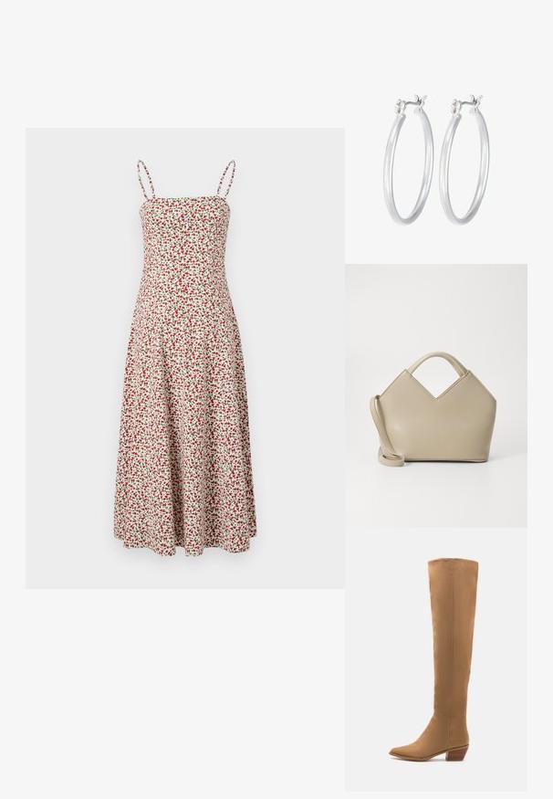 Abercrombie & Fitch CHASE STRAPLESS MIDI DRESS - Dnevna obleka - red; Bodisi svetlo rjavi čevlji do kolen, izdelani iz gladkega materiala, s koničastim nosom in nizko stebričkasto peto. Preprost dizajn, brez vidnih vzorcev ali dodatkov.; Bežna strukturirana torbica s V-oblikovanim vrhom, iz gladke usnjene tkanine, s kratkimi ročaji in dolgim, nastavljivim trakom. Minimalističen dizajn.; Srebrni obroči za ušesa z gladko, polirano površino. Okrogla oblika in varna zaponka s klikom. Lahka zasnova, primerna za vsakodnevno nošenje.