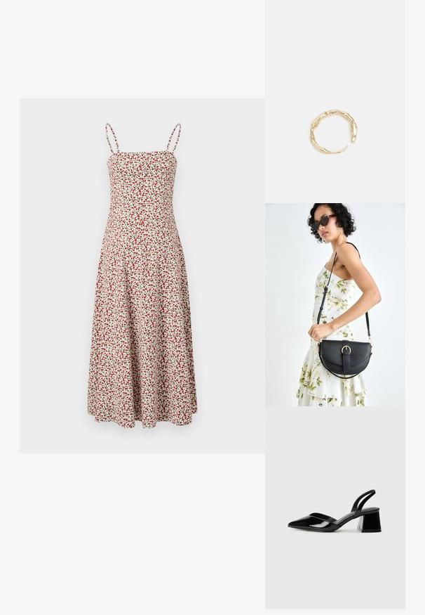 Abercrombie & Fitch CHASE STRAPLESS MIDI DRESS - Freizeitkleid - red; Schwarze Lackleder-Slingback-High Heels mit spitzem Schuh und einem geometrischen Blockabsatz. Verfügt über ein schlankes, minimalistisches Design und eine glatte Textur.; Schwarze Lederhandtasche mit geschwungener Form, abnehmbarem Tragegurt und goldenen Beschlägen. Die Tasche verfügt über einen Deckel mit einer Schnallen-Details.; Goldfarbener Ring mit einem organischen, gedrehten Design, glatter Oberfläche und sich verjüngenden Enden, was ein modernes, skulpturales Erscheinungsbild erzeugt.