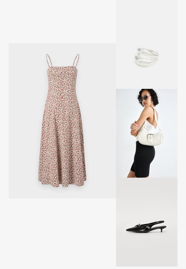 Abercrombie & Fitch CHASE STRAPLESS MIDI DRESS - Denné šaty - red; Čierne lakované sandále s úzkym špičatým prstom, malým podpätkom a dekoratívnym uzlom na prednej strane. Hladký povrch.; Biely kožený kabelka s zakriveným tvarom, nastaviteľným popruhom a malým detailom pracky. Model nosí priliehavý čierny outfit.; Strieborný prsteň s dvojitým pásikom s hladkým, lesklým povrchom. Má plynulý, zakrivený dizajn s prekryvajúcimi sa časťami pre moderný vzhľad.