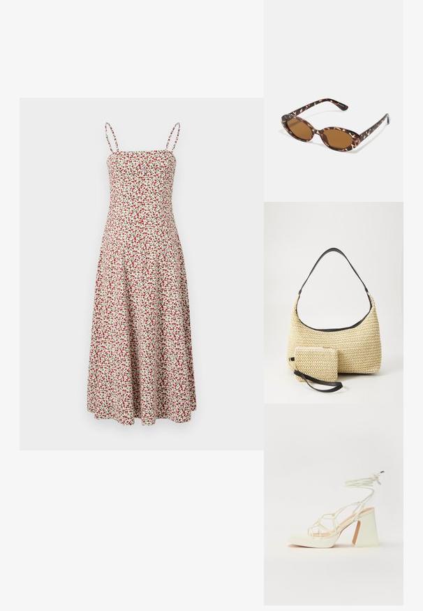 Abercrombie & Fitch CHASE STRAPLESS MIDI DRESS - Robe de jour - red; Sandale blanche à talons hauts avec un talon épais, présentant un design à lanières et un lien autour de la cheville. Texture lisse avec une plateforme à l'avant pour une hauteur supplémentaire.; Lunettes de soleil en écaille de tortue avec des verres ovales, teintés de marron, branches fines avec un motif texturé, monture en plastique légère.; Sac à main en paille tissée avec une silhouette courbée, doté d'une bandoulière en cuir noir lisse et d'une petite pochette assortie attachée par une sangle pour le poignet.
