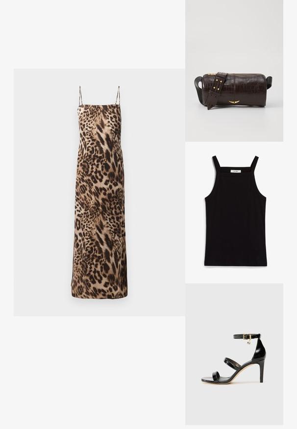 Leopardų raštas, be rankovių ilga suknelė su plonomis petnešomis, lygus paviršius ir plazdanti siluetas rudos ir kreminės spalvų tonais.; Juodas topas su plonais spaghetti petnešomis, pagamintas iš rausvos medžiagos, turintis tiesų kirpimą ir etiketę prie iškirpės, ant kurios parašyta "IVY OAK."; Juodas patentuotas odinis sandalai su trimis diržais, kulkšnies sagtimi ir 4 colių stiletto kulnu. Yra aukso detalės ir logotipo žavesys.; Ruda krokodilo odspaudo odinė rankinė cilindro formos, su auksinėmis detalėmis ir nuimamu dirželiu, papuoštu studelėmis.