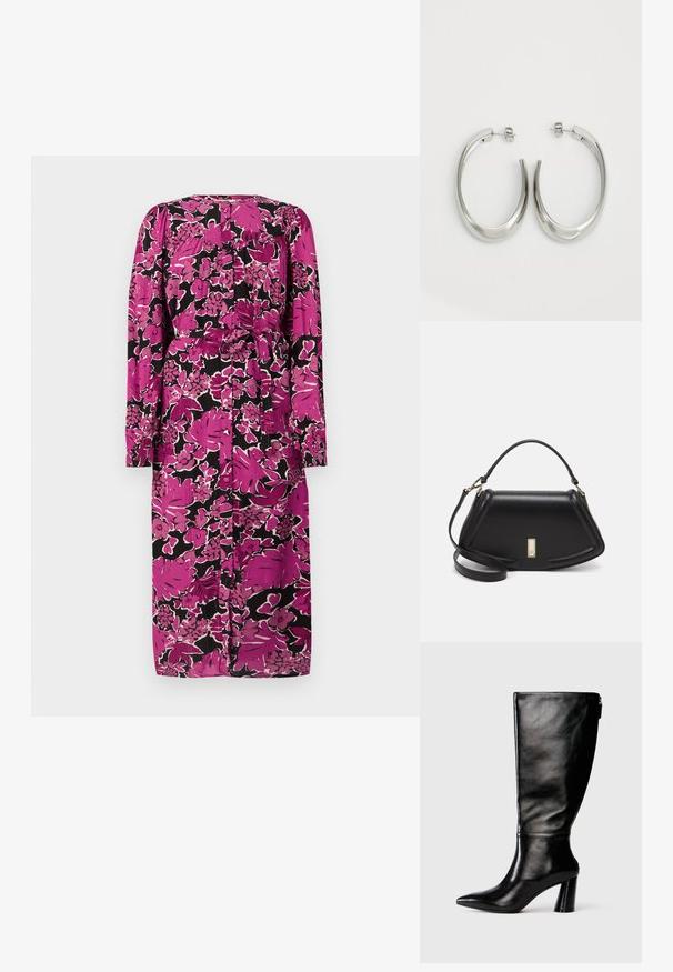 Floral midi dress with long sleeves, pink and black color scheme, featuring a tie waist and button closure at the back. Textured fabric.; Knee-high black leather boot with a pointed toe, smooth texture, and a chunky heel. Features a zipper detail at the back.; Black leather handbag with a structured design, featuring a cropped shape, top handle, and gold hardware accent. Adjustable shoulder strap included.; Silver hoop earrings with a smooth, curved design. Features a shiny metallic finish and stud closure. No visible patterns or accents.
