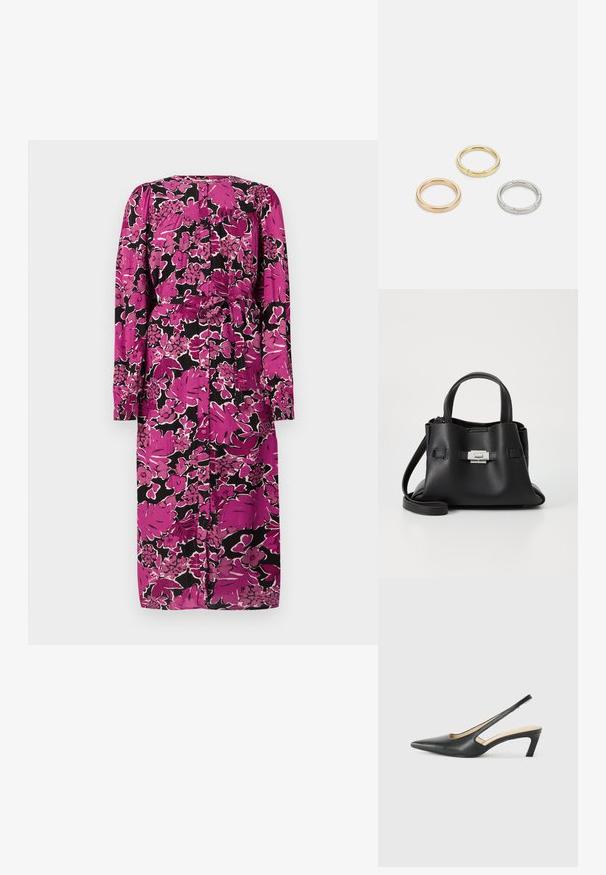 Bloemige midi-jurk met lange mouwen, roze en zwart kleurenschema, met een strikceintuur en knoopsluiting aan de achterkant. Gestructureerde stof.; Zwarte puntige slingback schoen met een lage hak, gemaakt van soepel leer en voorzien van een uitsnede aan de zijkant voor ventilatie.; Zwarte leren handtas met een gestructureerde afwerking, voorzien van twee handvatten, een verwijderbare schouderband en een zilveren sluiting.; Drie metalen ringen: één roségoud, één goud met een gestructureerd accent en één zilver, allemaal met gegraveerde branding aan de binnenzijde.