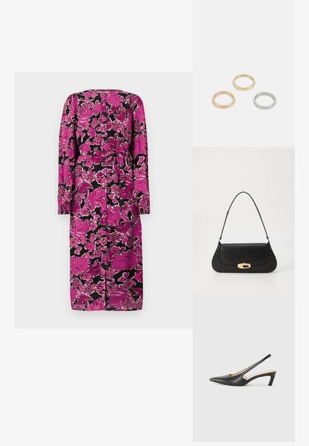 Abito midi floreale con maniche lunghe, in una combinazione di colori rosa e nero, presenta una vita con fiocco e chiusura a bottoni sul retro. Tessuto testurizzato.; Scarpa slingback nera con punta affilata e tacco basso, realizzata in pelle liscia e con un design a taglio laterale per favorire la traspirabilità.; Borsa a tracolla in pelle nera con design curvo, hardware color oro e manico superiore. Caratterizzata da una chiusura elegante e una superficie liscia.; Tre anelli metallici: uno in oro rosa, uno in oro con dettagli in rilievo e uno in argento, tutti con marchi incisi sulla parte interna.