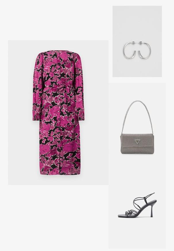 Lillene midi kleit pikkade varrukatega, roosa ja musta värvigama, millel on lipsuvöö ja nupuga kinni pandav tagaosa. Struktuuriga kangas.; Mustad musta värvi kontsandaalid on varustatud peente rihmadega, millel on sõlmekujundus, siledad ruudukujulised varbad ja stiilne stilettokonts.; Helehall metallik handbags, millel on kett, kaunistatud väikeste ümmarguste metallist õmblustega ja kolmnurkse brändi logoga.; Hõbedast rõngaskõrvarõngad sileda ja läikiva pinnaga, kõveriku kujuga ning postitaksega sulgur. Minimalistlik disain kaasaegse viimistlusega.