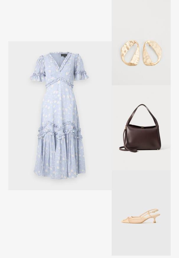 Világos kék virágmintás ruha rövid fodros ujjal, V-nyakkivágással és fodoros részletekkel az oldalsó varrásokon és az alján. Középhosszú, légies szoknyával.; Stuart Weitzman KITTY - Klasszikus sarkú cipők - beige/barely beige; Barna bőr kézitáska, amelynek strukturált formája van, egyetlen felső fogantyúval és levehető vállpánttal. Aranyszínű fém részletezés.; Egy pár szabálytalan, ovális formájú, aranyszínű fém fülbevaló, enyhén kalapált felülettel, fehér háttéren.