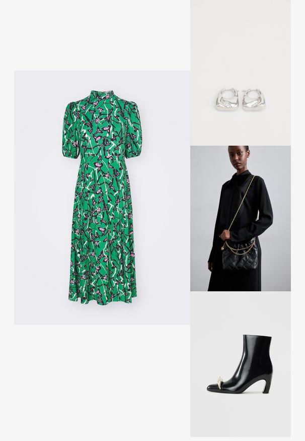 Diane von Furstenberg NELLA DRESS - Vapaa-ajan mekko - green; Mustat nilkkurit, jotka on valmistettu kiiltävästä nahasta, ja joissa on terävä kärki sekä koristeellinen kultainen ja hopeinen aksentti edessä. Laiton korko.; Mustakvadratisti nahkakäsine, jossa on kerätty yläosa, kultaketjuolkaimet ja suorakaiteen muotoinen rakenne, pidettyä yksinkertaista taustaa vasten.; Hope hopea, joissa on sileä, pyöristetty muotoilu ja aallokkomainen yksityiskohta, jossa on pieniä, kirkkaita strasseja yhden reunan varrella.