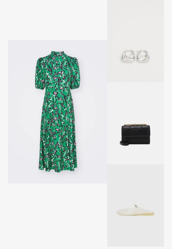 Diane von Furstenberg NELLA DRESS - Rochie de zi - green; Sandal transparentă din plastic, cu un model în rețea, vârf rotunjit și un mic accent argintiu pe curea. Talpă flexibilă de culoare translucidă.; Geantă de umăr din piele neagră cu un design capitonat. Dispune de o curea din lanț de aur și închidere cu clapetă, punând în evidență un logo embosat pe partea din față.; Cercei din argint cu un design neted și rotund, având un accent ondulat cu mici cristale transparente pe o margine.