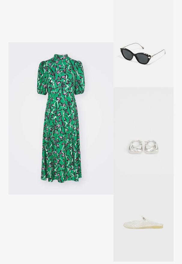 Diane von Furstenberg NELLA DRESS - Rochie de zi - green; Sandal transparentă din plastic, cu un model în rețea, vârf rotunjit și un mic accent argintiu pe curea. Talpă flexibilă de culoare translucidă.; Ochelari de soare negri cu lentile gri, având o ramă din metal și cristale decorative pe marginea superioară. Design minimalist cu linii elegante.; Cercei din argint cu un design neted și rotund, având un accent ondulat cu mici cristale transparente pe o margine.