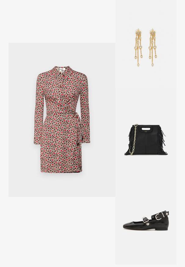 Rojna, kremna in rjava obleka z dolgimi rokavi, ki ima oprijet pas, zavit dizajn in geometrijski vzorec. Gladka tekstura tkanine.; Črne lakaste balerinke s kvadratnim prstom, trakovi okrog gležnja z zlatimi dodatki in ravnim podplatom. Gladka tekstura z minimalističnim dizajnom.; Črna usnjena ročna torba z detajli fringa, zlatim verigo za rame in izrezanim ročajem. Na sprednji strani je nameščen logotip.; Zlato-tonirane uhane z več kaskadnimi verigami, ki vključujejo prozorne ovalne kamenčke in okrasne zgornje dele.