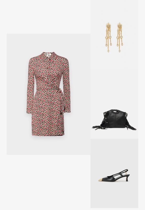 Ilga rankovė suknelė, turinti prigludusią juosmenį, surišimo dizainą ir geometrinį raštą raudonos, kremų ir rudos spalvų tonais. Lygi audinio tekstūra.; Juodas odinis slingback batelis su smailiu pirštu ir auksine metaline nose. Pasižymi išpjovimo dizainu ir plonu kulnu su reguliuojamu dirželiu.; Maje MISS MINI - Rankinė per petį - noir; Aukso spalvos auskarai su keliais kaskadiniais grandinėlėmis, su skaidriais ovaliais kristalų akcentais ir dekoratyviniais auskarų priekiais.