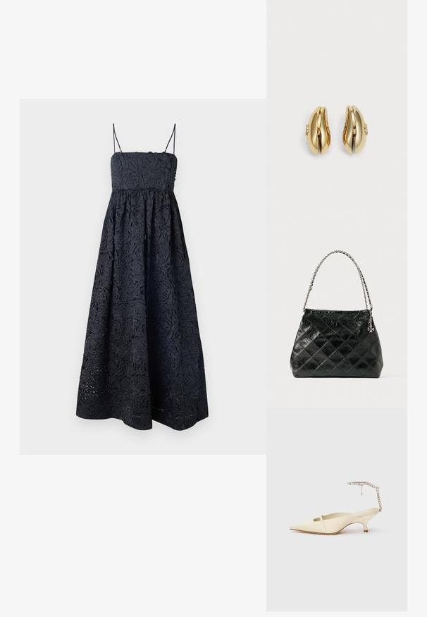 Stine Goya VOLOMINOUS MIDI DRESS - Rochie cocktail/Rochie petrecere - black; Ciorap cu toc slingback în formă de vârf ascuțit, de culoare crem, cu o curea subțire în față și o curea pentru gleznă împodobită cu bijuterii, pe fundal alb.; Geantă de mână din piele neagră matlasată, cu mâner din lănțișor argintiu, cu un design structurat și textură netedă.; Cercei aurii cu un design curbat și fluid. Fiecare cercei are o suprafață netedă și un mic sistem de prindere cu un detaliu decorativ.