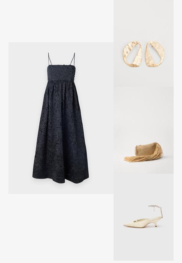Stine Goya VOLOMINOUS MIDI DRESS - Koktejlové šaty / šaty na párty - black; Krémové lodičky na podpatku se špičatou špičkou, tenkým předním páskem a zdobeným páskem kolem kotníku na bílém pozadí.; Cult Gaia VIERA - Psaníčko - natural; Pár nepravidelných oválných náušnic z kovu pozlaceného zlatem s texturovaným, mírně kladivkovým povrchem na bílém pozadí.