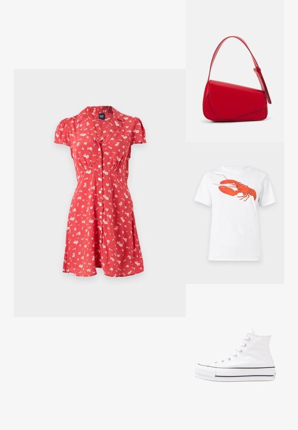 Červené kvetinové šaty s krátkymi rukávmi, s predným zapínaním na gombíky a priliehavým pásom, ktorý sa na spodku rozširuje. Ľahký materiál s jemnou textúrou.; Biely bavlnený tričko s veľkým, jasne červeným grafickým zobrazením homára na prednej strane. Krátke rukávy a štandardný dizajn s okrúhlym výstrihom.; Biele vysoké plátené tenisky s čiernou gumovou podošvou, prednou gumovou špičkou a šiestimi okami na šnúrky, s čistým, minimalistickým dizajnom.; Červená kožená kabelka s ostrým, geometrickým dizajnom. Má jeden nastaviteľný popruh a uzatváranie na klopu so šitím.