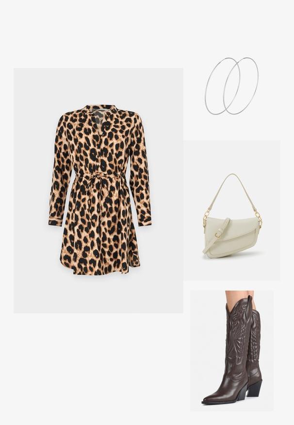 Abito a stampa leopardata con maniche lunghe, cintura arricciata in vita e colletto a V. Presenta una combinazione di colori marrone chiaro e nero e tessuto leggero.; Stivali da cowboy in pelle marrone con punta affusolata e tacco a blocco, caratterizzati da dettagliati ricami e accenti rialzati sul gambale.; Piccola borsa a tracolla crema con finitura testurizzata, una lunga tracolla regolabile, un accento a catena e chiusura a patta. Dettagli in hardware dorato.; Orecchini a cerchio in argento con un design minimalista. Forma circolare, superficie liscia e profilo sottile. Leggeri con una finitura lucida.