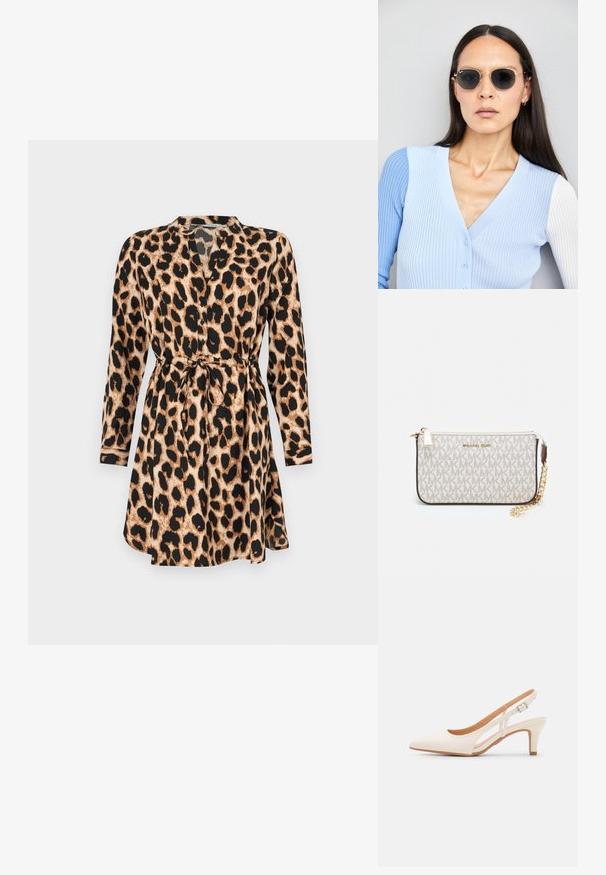 Leopárdmintás ruha hosszú ujjal, megkötős, szűkített derékkal és V-kivágással. Bézs és fekete színkombináció, könnyű anyagból készült.; Fehér slingback sarok, hegyes orral, sima felső anyaggal, alacsony blokk sarkával és oldalsó kivágott dizájnnal, állítható csatpánttal.; Kerek napszemüveg sötét lencsékkel és arany kerettel. A modellen világoskék, bordázott kardigán van gombokkal és kontrasztos fehér ujjaival.; Michael Kors bézs bevonatos vászon karkötő, amely ismétlődő MK logó mintával, aranyszínű fémrészletekkel és levehető lánchordóval rendelkezik.