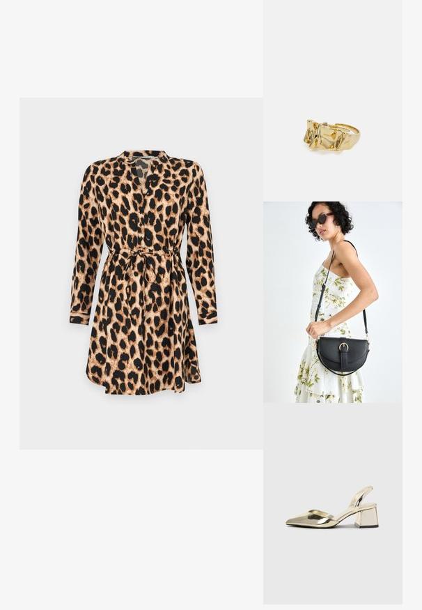 Klänning i leopardtryck med långa ärmar, insydd midja med band och V-ringad krage. Har en färgskala i beige och svart samt ett lättviktsmaterial.; Guld, metalliska slingback-klackar med spetsig tå och chunky klack. Slät textur, minimalistisk design och en smal rem.; Svart läderhandväska med en böjd form, avtagbar rem och guldiga detaljer. Väskan har ett lock med en spänndetalj.; Guldring med texturerad, vågig design som har tre framträdande toppar. Slät, glänsande yta med en öppen band för justerbar passform.
