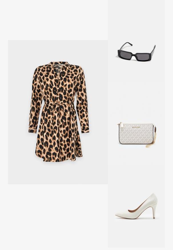 Leopardikuosisessa mekossa on pitkät hihat, vyötärölle sidottu vyö ja V-muotoinen kaula-aukko. Mekko on tan- ja musta sävyissä sekä valmistettu kevyestä kankaasta.; Valkoinen lakaistettu korkeakorkoinen kenkä, jossa on terävä kärki ja sileä pinta, hennolla korolla ja matalalla leikkauksella avauksessa.; Mustat aurinkolasit, joissa on suorakaiteen muotoinen kehys, tummat linssit ja sileä kiiltävä pinta. Ominaisuuksiin kuuluu ohuet templet, joissa on hienovarainen brändäys sivussa.; Michael Kors kääröbeige pinnoitettua kangasta, jossa on toistuva MK-logo -kuvio, kultaiset yksityiskohdat ja irrotettava ketjuhihna.; Kultaiset metalliset korvakorut, joissa on aaltoileva muotoilu; sileä, heijastava pinta; epäsymmetrinen muoto; ei näkyviä kuvioita tai mekanismeja.