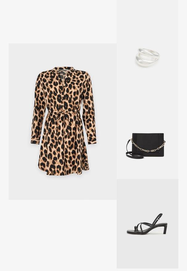 Leopardų rašto suknelė su ilgomis rankovėmis, su suspausto liemens juosta ir V formos apykakle. Dėl šviesiai rudos ir juodos spalvų derinio ir lengvos medžiagos.; Juodi šlepetės su kvadratiniu pirštu ir žemu bloku kulnu. Yra keli ploni dirželiai ir reguliuojamas kulkšnies diržas. Pagaminti iš lygios odos.; Juodas odinis per petį nešiojamas krepšys turi lygų paviršių, stačiakampio formą ir metalinę grandinėlę priekyje. Pridedama reguliuojama dirželis.; Sidabrinis dvigubas žiedas su lygiu, poliruotu paviršiumi. Pasižymi sklandžiu, kreiptu dizainu su persipinančiomis dalimis, suteikiančiomis modernų išvaizdą.