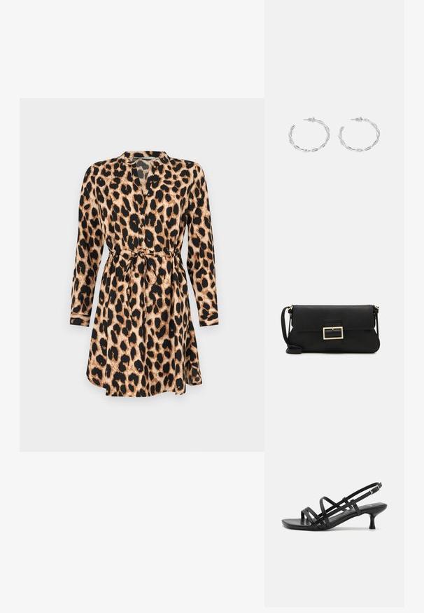 Combineeritud leopardimustriga kleit pikkade varrukatega, vöökoht kinni tõmbav pael ja V-kujuline kaelus. Omab pruuni ja musta värvigammat ning kergest kangast.; Mustad musta kandaga sandaalid, millel on mitmed risti minevad rihmad. Sile materjal, terav nina ja kitsas konts. Reguleeritav pahkluuri rihm klambriga.; Must haben musta nahkklahviga kott, millel on klapp ja kuldne metallist pandla detail. Kaasas must rihm ja stiilne, minimalistlik disain.; Hõbedased rõngaskõrvarõngad keerutatud disainiga, millel on poleeritud viimistlus ja posti-tagune sulgemine. Diameeter umbes 3 cm.