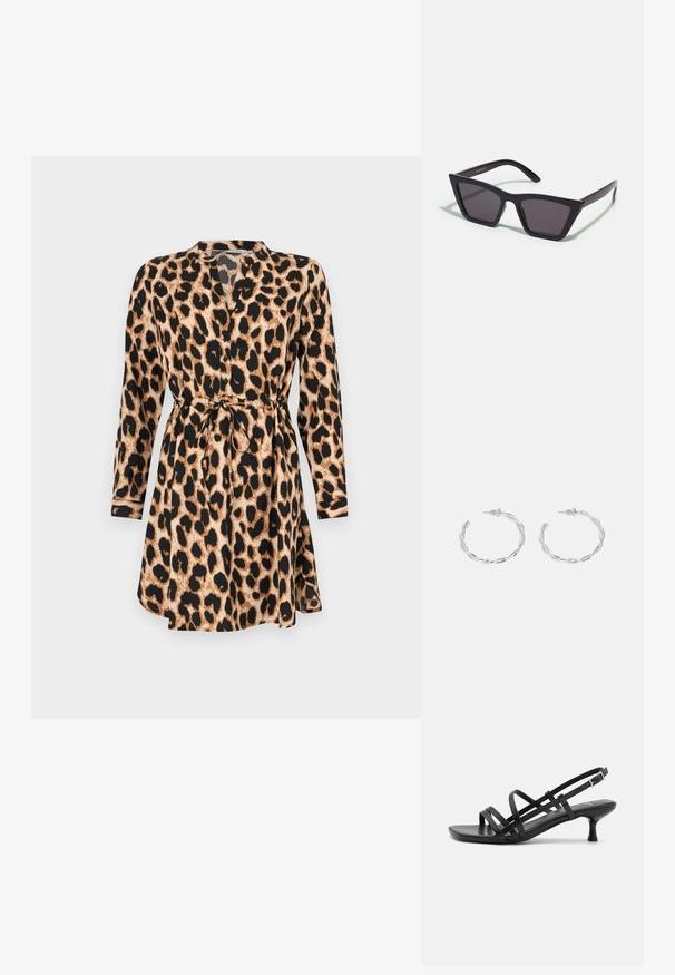Kjole med leopardmønster, lange ermer, innsvingt midje med knytedetalj og V-hals. Har en fargepalett i beige og svart og er laget av lett stoff.; Svarte hæl sandaler med flere krysset remmer. Glatt materiale, spiss tå og smal hæl. Justerbar ankelrem med spenne.; Svarte, kantete solbriller med grå linser; laget av plast, med tykke stenger som har en glatt overflate og ingen synlige festemidler.; Sølv hoops øredobber med en tvistet design, som har en polert finish og bakstøtte. Mål omtrent 3 cm i diameter.