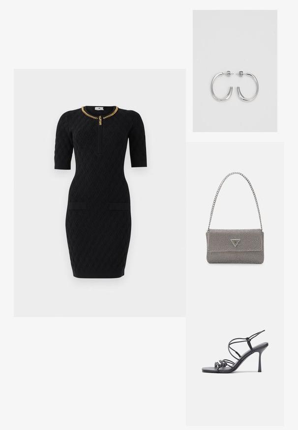 Mustakirjaga kudum dress lühikeste varrukatega, kuldne kett detail ümmargusel kaelusel, esipikkavärv, ja kaks esist tasku flapi kaudu.; Mustad musta värvi kontsandaalid on varustatud peente rihmadega, millel on sõlmekujundus, siledad ruudukujulised varbad ja stiilne stilettokonts.; Helehall metallik handbags, millel on kett, kaunistatud väikeste ümmarguste metallist õmblustega ja kolmnurkse brändi logoga.; Hõbedast rõngaskõrvarõngad sileda ja läikiva pinnaga, kõveriku kujuga ning postitaksega sulgur. Minimalistlik disain kaasaegse viimistlusega.