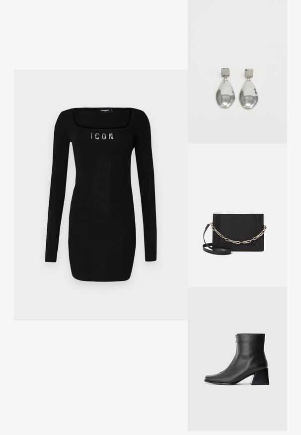 Zwart langoorig jurkje met een vierkante halslijn, voorzien van 'ICON' in rhinestones over de borst, gemaakt van een gladde, rekbare stof.; Zwarte leren enkellaars met vierkante neus, zijrits en blokhak tegen een effen lichte achtergrond.; Zwarte leren schoudertas met een gladde textuur, rechthoekige vorm en een metallic kettingdetail aan de voorkant. Verstelbare schouderband inbegrepen.; Zilveren druppeloorbellen met een vierkante stud, voorzien van een gladde, gepolijste afwerking en een druppelvorm, die het licht weerspiegelt met een glanzend oppervlak.