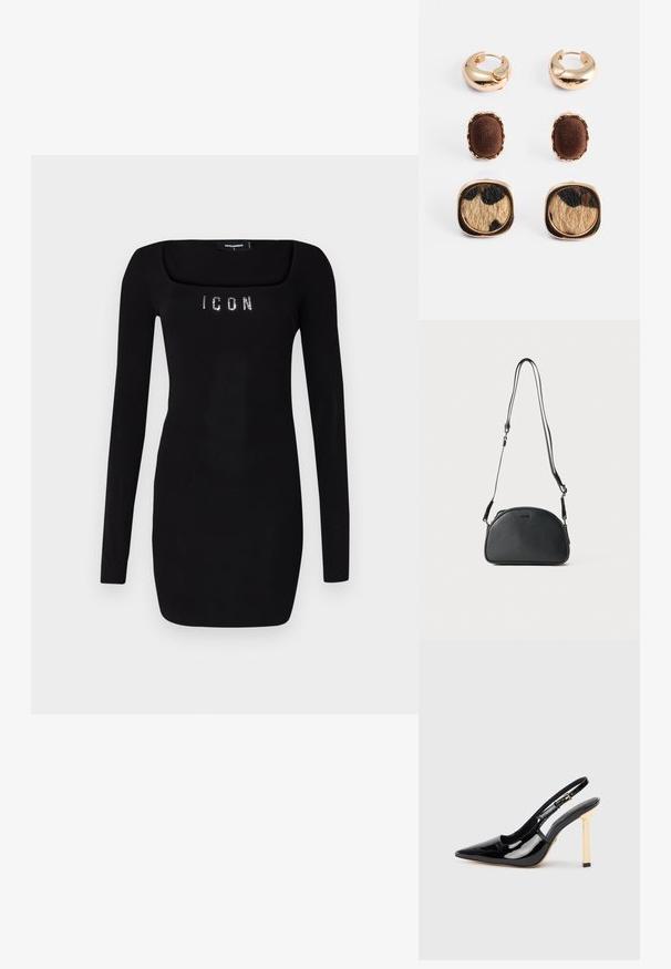 Must mustrakk, millel on ruudukujuline kaelus, kus on rinnal kaunistuseks kivikesed, mis moodustavad sõna "ICON". Kleidid on valmistatud sileda ja veniva kangaga.; Mustmust mustjalanik strappy kõrge kontsaga king, millel on terav nina ja kuldse tooni ruudukujuline kand. Omab reguleeritavat pahkluu rihma.; Must musta ristkõhu kott ümmarguse kujuga, kahe reguleeritava rihmaga ja diskreetse logoga ees. Tekstureeritud välimus, minimalistlik disain.; Kuldtoonitud kõrvarõngaste komplekt sisaldab kahte rõngastüüpi ja kahte nakkekujundust. Ühel nakkel on pruun kangast aksent; teisel on leopardi mustriga tekstuur.