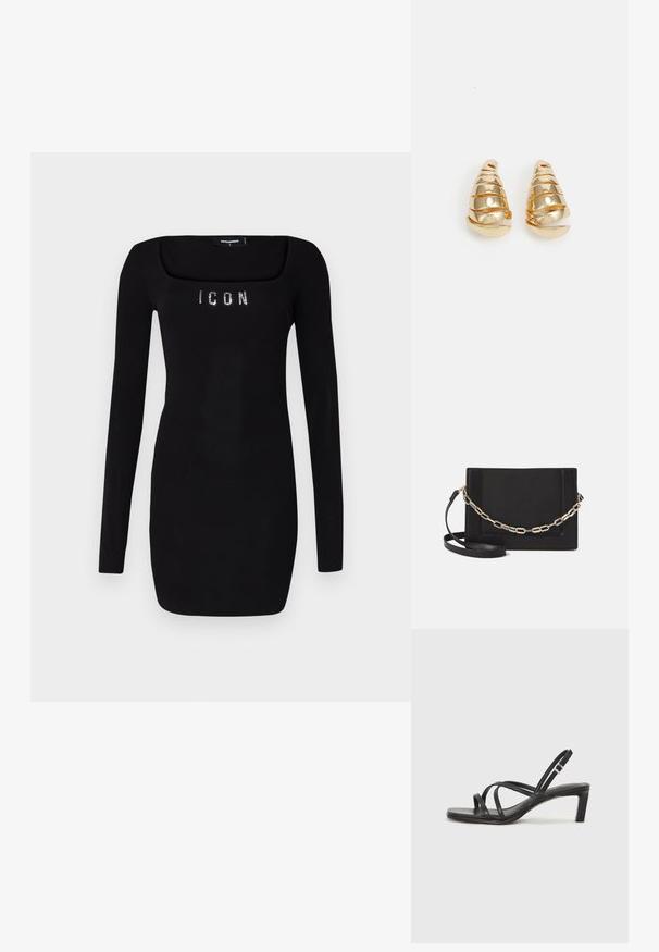 Schwarzes Langarmkleid mit quadratischem Ausschnitt, versehen mit 'ICON' aus Strasssteinchen über der Brust, aus einem glatten, elastischen Stoff gefertigt.; Schwarze Sandale mit Riemchen, quadratischer Zehenform und niedrigem Blockabsatz. Verfügt über mehrere dünne Riemen und einen verstellbaren Knöchelriemen. Hergestellt aus glattem Leder.; Schwarze Leder-Crossbody-Tasche mit glatter Textur, rechteckiger Form und metallic-kettendetail auf der Vorderseite. Verstellbarer Gurt inklusive.; Goldfarbene Ohrringe in Form von verlängerten Kegeln mit spiralförmigen Verzierungen. Glatte Oberfläche mit reflektierender Verarbeitung und geschwungenen Akzenten.