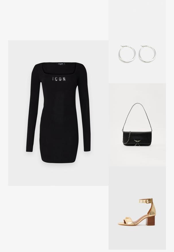 Černé dlouhé šaty s hranatým výstřihem, s nápisem 'ICON' v rhinestone krystalech přes hruď, vyrobené z hladkého, elastického materiálu.; Zlaté metalické sandály na podpatku s širokým páskem přes prsty, páskem kolem kotníku se sponou a blokovým podpatkem. Hladká textura, minimální detaily.; Černá kožená kabelka se stříbrným řetízkovým popruhem, zdobená dekorativními křídly a bílým prošíváním podél spodního švu.; Stříbrné kroužkové náušnice mají hladký, zaoblený design s tenkým profilem a bezpečným zapínáním. Minimalistický styl s lesklým povrchem.