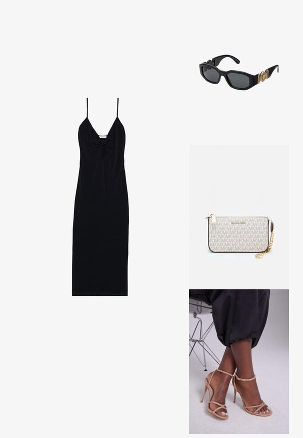Svart ärmlös klänning med tunna band, med en framknutningsdetalj och slät textur, designad i en figurnära silhuett.; Beiga klacksandaler med kristalldekorationer, med öppen tå, tunna remmar och en slank silhuett.; Svarta solglasögon med en kraftig geometrisk ram, mörka linser och guldmetallaccenter på skalmarna som har en rund emblemdetalj.; Michael Kors handledos i beige belagd kanvas med ett upprepande MK-logomönster, gyllene detaljer och ett avtagbart kedjehandtag.