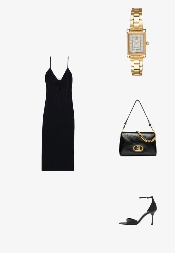 Czarna sukienka bez rękawów z cienkimi ramiączkami, z detalem w postaci węzła z przodu i gładką teksturą, zaprojektowana w dopasowanej sylwetce.; Mango - Sandały na obcasie; Czarna skórzana torba na ramię o pomarszczonej fakturze, z złotym łańcuszkiem i wyraźnym złotym zapięciem z owalnym logo. Regulowany pasek na ramię.; Złoty prostokątny zegarek na nadgarstek z białą tarczą, srebrnymi znacznikami godzin i wytrzymałym metalowym bransoletą. Wbudowana funkcja wodoodporna.