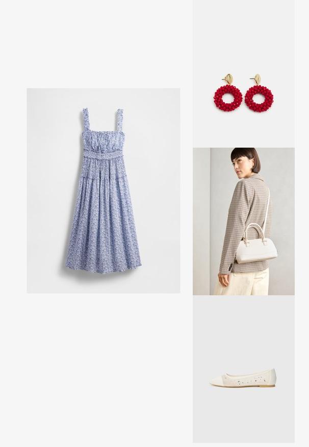 Rochie maxi albastră cu flori, cu corp smockat, decolteu pătrat și bretele cu volane. Țesătura are un model delicat și fustă fluidă.; Pantofi stilați cu vârful ascuțit, din piele crem, cu partea superioară transparentă și strasuri dispersate. Talpă moale pentru confort, design minimalist.; Geantă structurată albă, cu mânere scurte și curea de umăr, având accente din metal aurit și material texturat, expusă pe un fundal gri.; Cercei cerc cu mărgele roșii, având o suprafață texturată și un sistem de prindere din metal auriu. Formă circulară cu centru deschis și detalii cu mărgele rotunde.