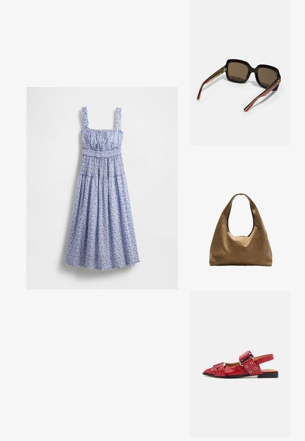 Sininen kukallinen maksimekko, jossa on smokkibodice, neliökaula-aukko ja röyhelöolkaimet. Kangas on hienovarainen kuvio ja virtaava hame.; Punasin punaiset slingback-kengät, joissa on teräväkärkinen malli, koristeelliset soljet ja reikävoimaiset yksityiskohdat. Litteä pohja, sileä pinta.; Mustat ylikokoiset aurinkolasit ruskeilla linsseillä. Varusteena ainutlaatuiset raidalliset sangan osat vihreinä ja punaisina sekä kultaiset metallivälineet. Neliön muotoinen.; Ruskea kangaskassi, jossa on leveä, pyöristetty muoto ja suuri leikattu kahva. Pehmeä pinta, minimalistinen muotoilu ja ei näkyvää metalliosaa.