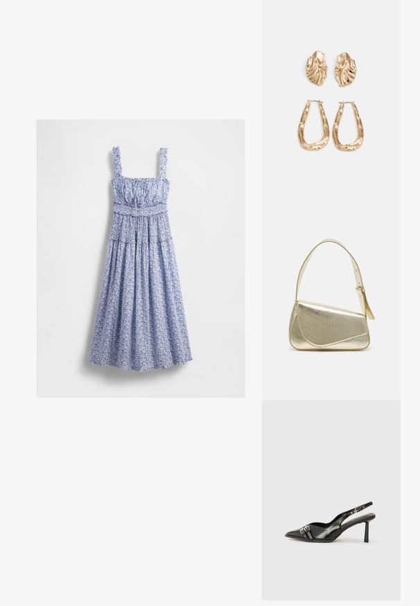 Vestido maxi azul com corpete franzido, decote quadrado e alças com babados. O tecido apresenta um padrão delicado e uma saia fluida.; Sapato slingback preto em pele patentada com bico apontado, tiras no tornozelo apresentando fivelas e acessórios prateados, e um salto elegante.; Bolsa de mão metálica dourada com um design estruturado, textura suave e alça ajustável. Apresenta uma forma triangular única e costura minimalista.; Brincos em tom de ouro com formas onduladas e texturizadas. Inclui studs escultóricos com presilha e um design de argola aberta com um acabamento martelado.