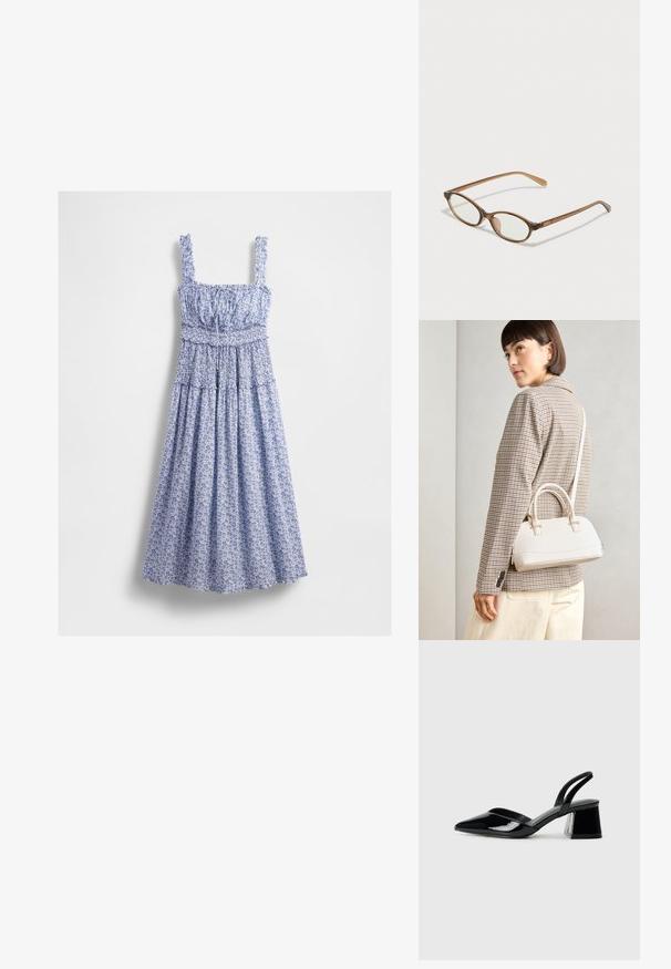 Plava maxi haljina s cvjetnim uzorkom, nabranu korpu, kvadratni izrez i volane na naramenicama. Tkanina ima delikatni uzorak i lepršavu suknju.; Crne lakirane kožne sandale s otvorenom petom i špicastim vrhom, s geometrijskom blok petom. Imaju elegantan, minimalistički dizajn i glatku teksturu.; Smeđe skupe naočale s ovalnim lećama, tankim drškama i prozirnim akcentima. Ima suptilan logo na sljepoočnici. Elegantan, lagan dizajn.; Bijela strukturna torba s kratkim ručkama i remenom za rame, s zlatnim metalnim detaljima i teksturiranim materijalom, prikazana na sivoj pozadini.