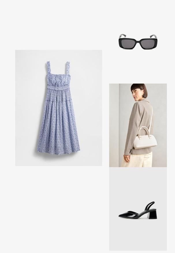 Robes maxi florales bleues avec corsage smocké, décolleté carré et bretelles à volants. Le tissu présente un motif délicat et une jupe fluide.; Escarpins en cuir verni noir avec bout pointu et talon bloc géométrique. Présente un design élégant et minimaliste ainsi qu'une texture lisse.; Lunettes de soleil noires rectangulaires avec des verres foncés, monture en plastique lisse et branches courbées. Le design est épais avec une esthétique minimaliste.; Sac à main structuré blanc avec de courtes poignées et une bandoulière, doté de accents en métal doré et d'un matériau texturé, présenté sur un fond gris.