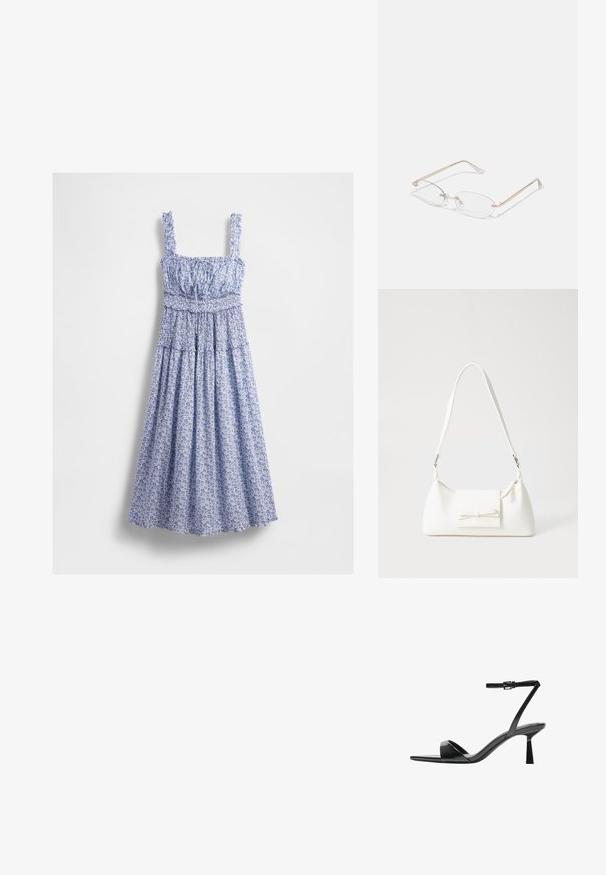 Modra cvetna maksi obleka z nabranim korzetom, kvadratnim izrezom in puff rokavi. Tkanina ima nežen vzorec in sproščen krilo.; Bershka Sandali z visoko peto - black; Zlate kovinske očala z ovalnimi lečami, tankimi ročaji in prozornimi nosnimi blazinicami. Imajo diskretne poudarke na tečajih in prozorne leče.; Bela sintetična torbica v obliki trikotnika, z ravnim sprednjim poklopcem in detajlom mašne, nastavljivim trakom, gladko teksturo in minimalističnim dizajnom.