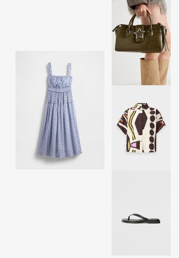 Sininen kukallinen maksimekko, jossa on smokkibodice, neliökaula-aukko ja röyhelöolkaimet. Kangas on hienovarainen kuvio ja virtaava hame.; Lyhythihainen, kauluksellinen puuvillapaita, jossa on geometrinen kuosi ruskeassa, kermansävyssä, vaaleanpunaisessa ja vihreässä, mustilla napilla.; Mustat varvastossut, joissa on sileä nahkapinta, ohut hihna ja litteä pohja, jossa on minimalistinen muotoilu. Ei huomattavia kuvioita tai koristeita.; Vihreä oliivinvärinen mokkanahkainen käsilaukku, jossa on hopeinen tähti koristeena, kaksinkertaiset kahvat ja vetoketjusulku. Teksturoitu pinta ja rakenteellinen muoto.