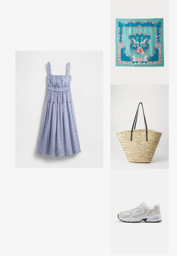 Zila ziedu maxi kleita ar smockēta tievuma uzvalku, kvadrātveida kakla izgriezumu un ruffled siksnām. Audumam ir smalka raksts un plūstošs svārki.; Sporta apavi ar gaiši pelēku sietu augšējo daļu un zamša akcents, baltiem šņorēm un melnu gumijas zoli. Ievērojamas ABZORB amortizācijas detaļas.; Tirkīza zīda šalle ar sarežģītiem jūras tēmu rakstiem, tostarp nimfām, čaulinēm un koralliem, ietverta dekoratīvā malā.; Auduma salmu soma ar plašu, sašaurinošu formu, aprīkota ar divām melnām ādas rokām. Dabiski beidža krāsa ar teksturētu virsmu.