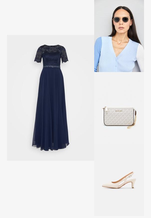 Tamsiai mėlyna vakarinė suknelė su nėriniuotu bodžiu, trumpomis rankovėmis, blizgučiais dekoruota juosta ir laisvai krentančiu šifono sijonu.; Balti slingback kulniukai su smailiu pirštu, lygia viršutine medžiaga, žemu blokuotu kulnu ir šoniniu išpjovimu su reguliuojamu sagtimi.; Apskriti saulės akiniai su tamsiais objektyvais ir auksiniais rėmeliais. Modelis vilki šviesiai mėlyną, raukinį kardiganą su mygtukais ir kontrastingomis baltomis rankovėmis.; Michael Kors rankinė smėlio spalvos dengto kanvoje su pakartotiniu MK logotipo raštu, auksinėmis detalėmis ir nuimamu grandininiu dirželiu.