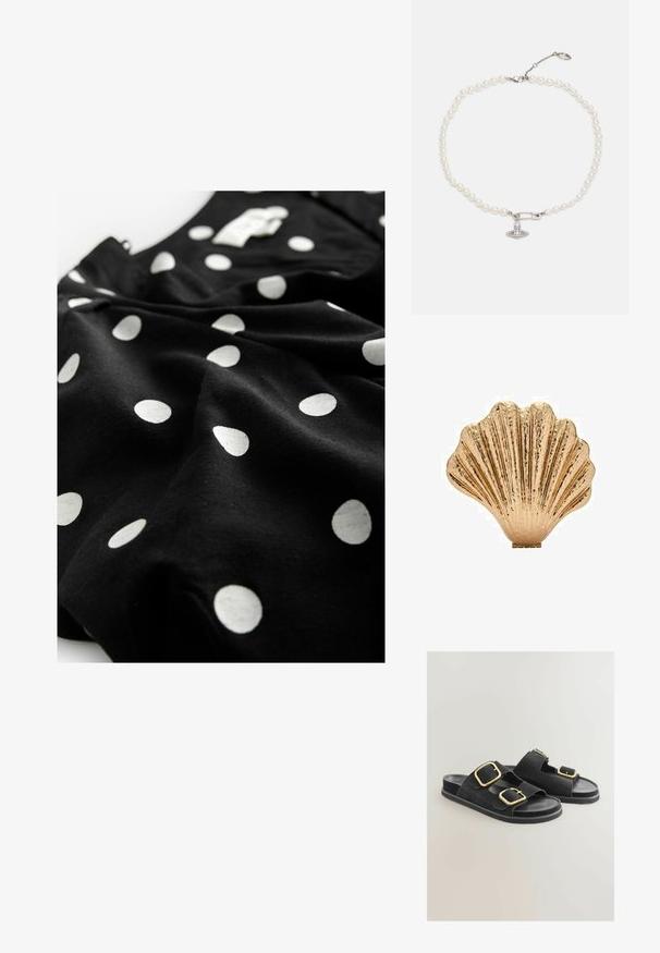 Next V-NECK PUFF SLEEVE MINI - Blusenkleid - black spot; Schwarze Wildledersandalen mit zwei breiten Riemen und goldenen Schnallen, einer flachen Sohle und einem offenen Zehendesign. Sanfte Textur mit kontrastierenden Hardware-Details.; Goldfarbener, muschelförmiger Dekorationsartikel mit strukturiertem Oberflächen- und Rillen-Design, ausgestattet mit einer flachen Basis für Stabilität.; Perlenkette mit glänzenden weißen Perlen, versehen mit einem charm aus silberfarbener Sicherheitsnadel, der mit klaren Strasssteinen geschmückt ist. Verschluss mit Karabiner.