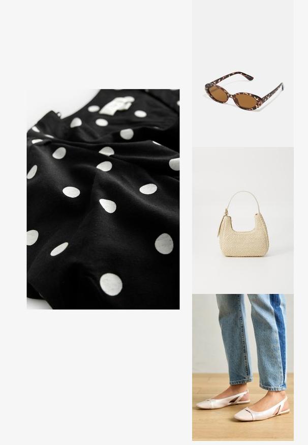 Next V-NECK PUFF SLEEVE MINI - Rochie tip cămașă - black spot; Sandalete plate de un roz pal cu vârf ascuțit, realizate dintr-un material asemănător pielii, neted. Prezintă detalii decupate pe laterale și un toc plat.; Ochelari de soare cu mâneri tortoise, cu lentile ovale, cu nuanță maro, brațe subțiri ce au un model texturat, cadru din plastic ușor.; Geantă din paie împletit în nuanțe bej, cu o formă curbată, un mâner scurt și un fermoar pe lateral. Prezintă o suprafață texturată și un design minimalist.