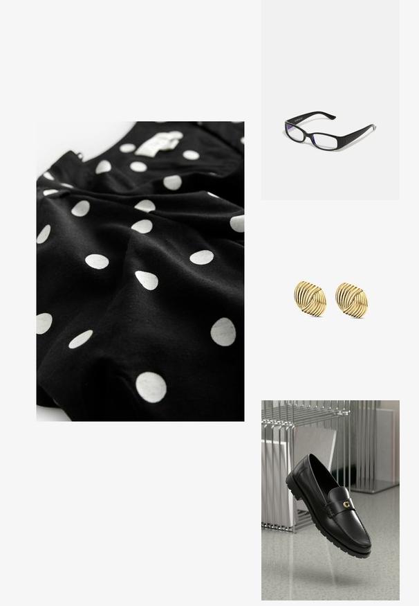Next V-NECK PUFF SLEEVE MINI - Skjortklänning - black spot; Svarta läderloafers med en upphöjd söm, guldaccentlogotyp och texturerad rem. Har en tjock, hållbar gummisula.; Svart rektangulära glasögon med klara glas. Glossy yta, smala bågar och lila nyans synlig vid kanterna av glasen.; Guldtonade örhängen med en spiraldesign och lager av kurvor, som visar en metallisk finish och slät textur för visuell djup.