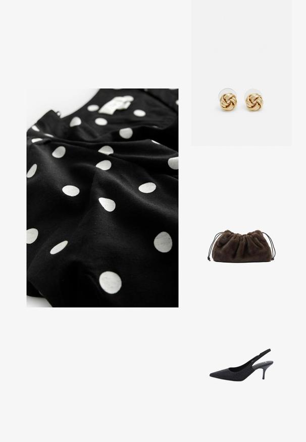 Next V-NECK PUFF SLEEVE MINI - Paitamekko - black spot; Musta slingback-kitten-korko, jossa on terävä kärki ja pieniä mustia niittejä, jotka peittävät päämateriaalin.; Pehmeä tumma ruskea tekoturkispussi, jossa on rypistynyt yläosa ja mustat nyörit kummallakin puolella.; Kultaketjut korvakorut, joissa on kierretystä muotoilusta valmistettu solmu. Jokaisessa korvassa on pyöreä, kirkas tausta varman käyttömukavuuden takaamiseksi.