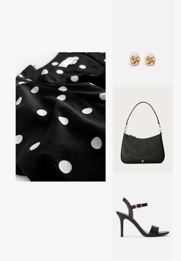 Next V-NECK PUFF SLEEVE MINI - Haljina-majica - black spot; Crne sandale na visokom potpeticu s glatkim kožnim gornjištem, otvorenom nosom i dizajnom s jednim remenom s naglaskom na zlatnu kopču.; Crna kožna torba sa strukturiranim dizajnom, koja ima zatvaranje na patentni zatvarač, odvojivu traku i zlatne dodatke.; Naušnice na stud s zlatnim tonom i uvrnutim dizajnom. Svaka naušnica ima okruglu prozirnu podlogu za sigurno nošenje.