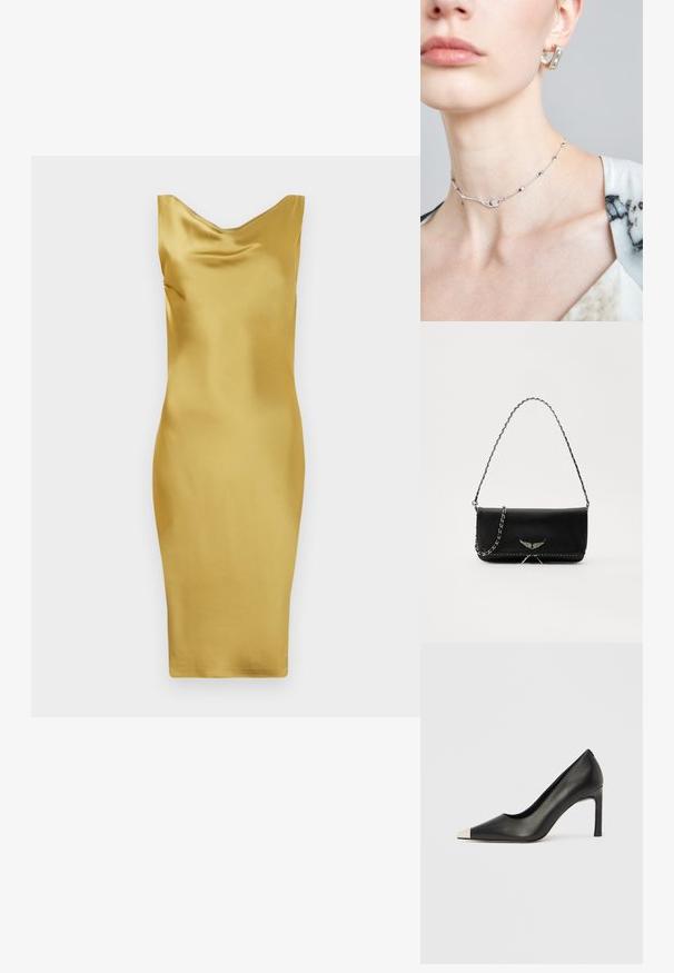 Sárga selyem ruha, galléros kivágással, testhezálló fazonnal, térd hosszúságú szegéllyel és sima textúrával. Nincsenek látható minták vagy díszítések.; Fekete bőr magas sarkú cipő hegyes orral és fém ezüst orrtippel. Simább kivitelű, karcsú, 10 cm-es sarokkal.; Fekete bőrtáska ezüstlánc pánttal, díszes szárnyakkal és fehér varrással az alsó varrat mentén.; Ezüst choker nyaklánc finom lánccal, geometrikus díszítésekkel és egy kis díszelem a közepén. Simás bőrtextúra látható.