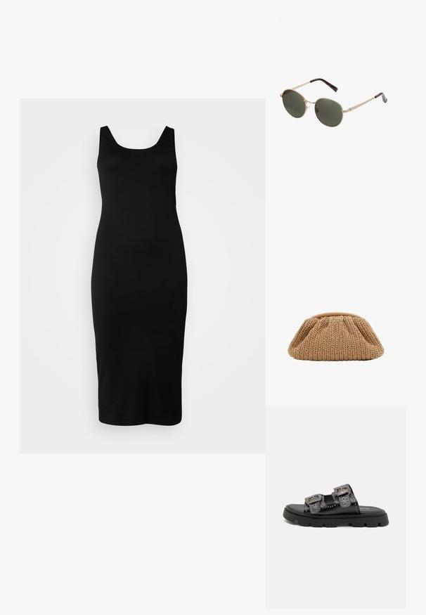 Schwarzes ärmelloses Kleid mit Rundhalsausschnitt, figurbetontem Schnitt, knielang, aus glattem Stoff, ohne sichtbare Muster oder Verzierungen.; Schwarze Sandalen mit zwei breiten Riemen, verziert mit dekorativen Nieten und detaillierten Schnallen, auf einer robusten strukturierten Gummisohle.; Runde Sonnenbrillen mit goldfarbenen Metallrahmen und dunkelgrünen Gläsern. Die Bügel haben ein Schildpatt-Muster für zusätzliche Details.; Strickbeige Clutch mit gerafftem Design und runder Form, ausgestattet mit einer strukturierten Stoffoberfläche und weichem oberen Öffnung.