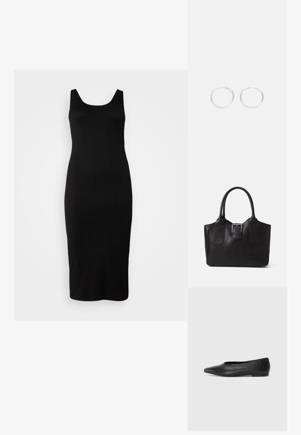 Zwarte mouwloze jurk met een ronde hals, aansluitende silhouette, knie-lengte, gemaakt van gladde stof, geen zichtbare patronen of versieringen.; Zwarte leren balletflat, puntige neus, minimalistisch design, gladde textuur, lage hak, geen zichtbaar beslag of versieringen.; Zwarte leren tote bag met een gladde textuur, gestructureerde vorm, twee handvatten en een opvallend zilveren sluitingdetail aan de voorkant.; Zilveren ronde oorbellen met een strak ontwerp, voorzien van een glad oppervlak en zonder zichtbare versieringen. Diameter niet opgegeven.